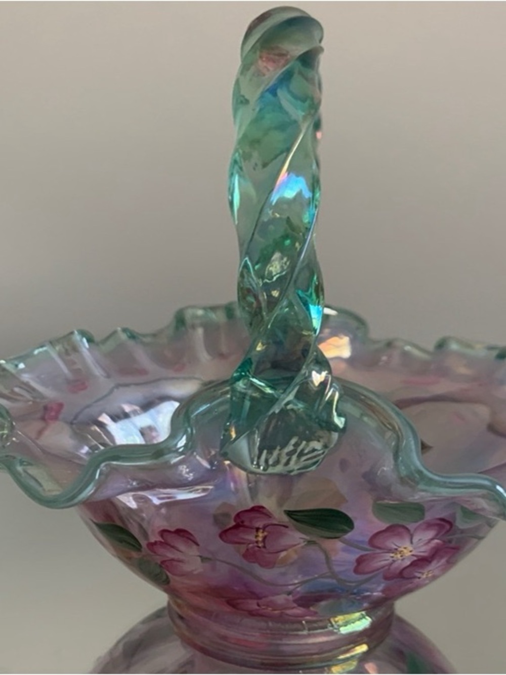 Iridescent Pink Glass Floral Basket with Twisted Handle